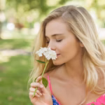 side-view-cute-casual-woman-smelling-white-flower_13339-13498